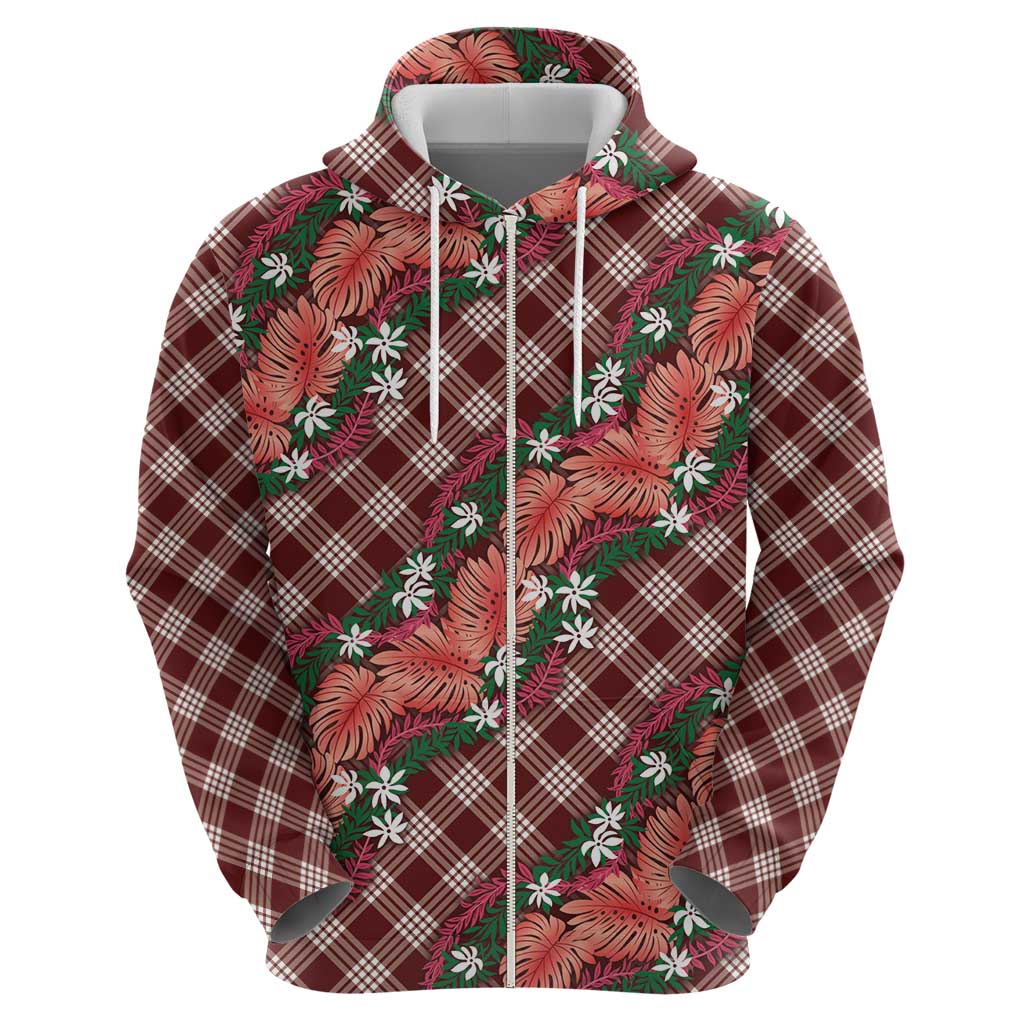 Polynesian Monstera Tiare Floral Hoodie Burgundy Tropical Plaid - Polynesian Pride