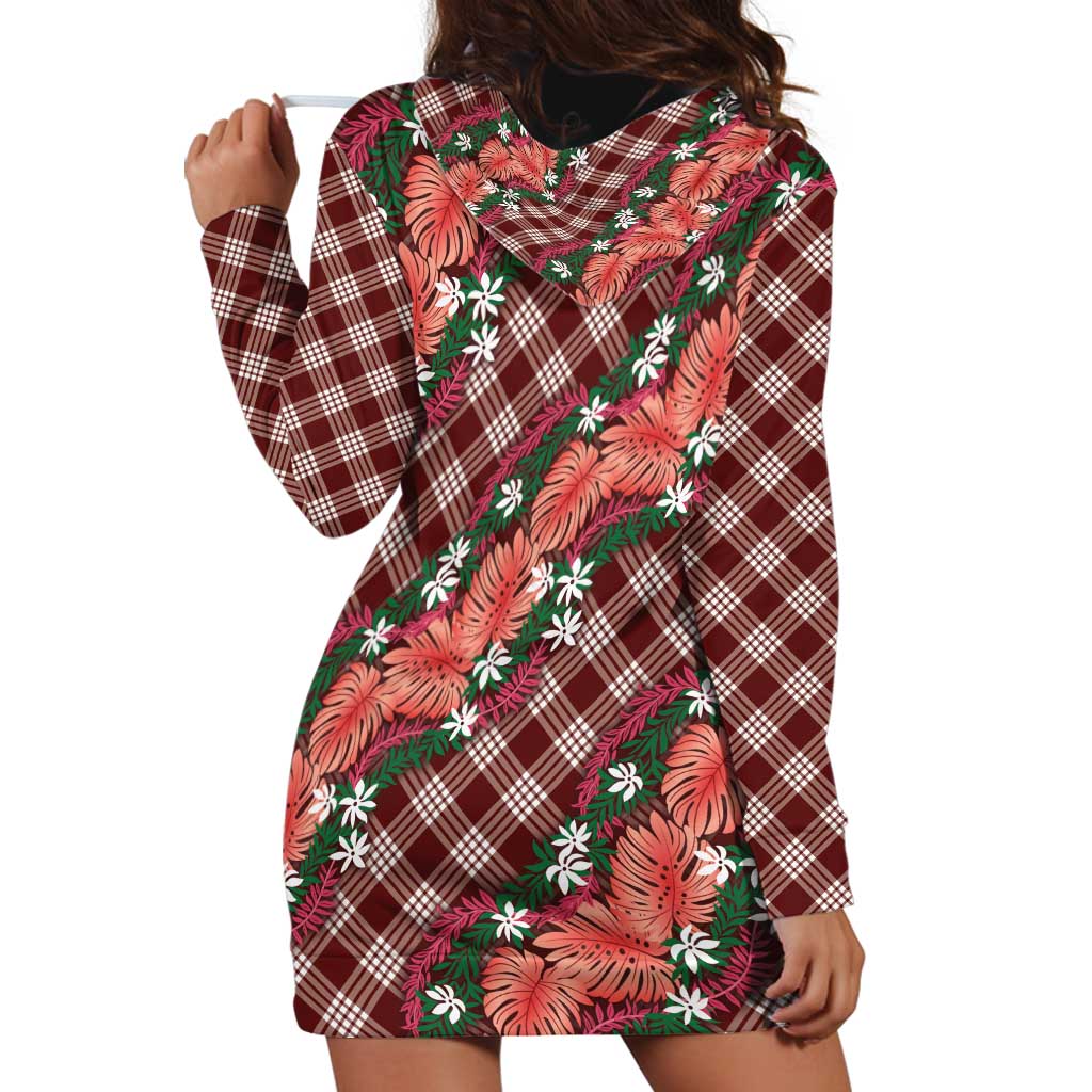 Polynesian Monstera Tiare Floral Hoodie Dress Burgundy Tropical Plaid - Polynesian Pride