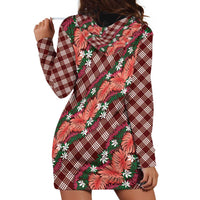 Polynesian Monstera Tiare Floral Hoodie Dress Burgundy Tropical Plaid - Polynesian Pride
