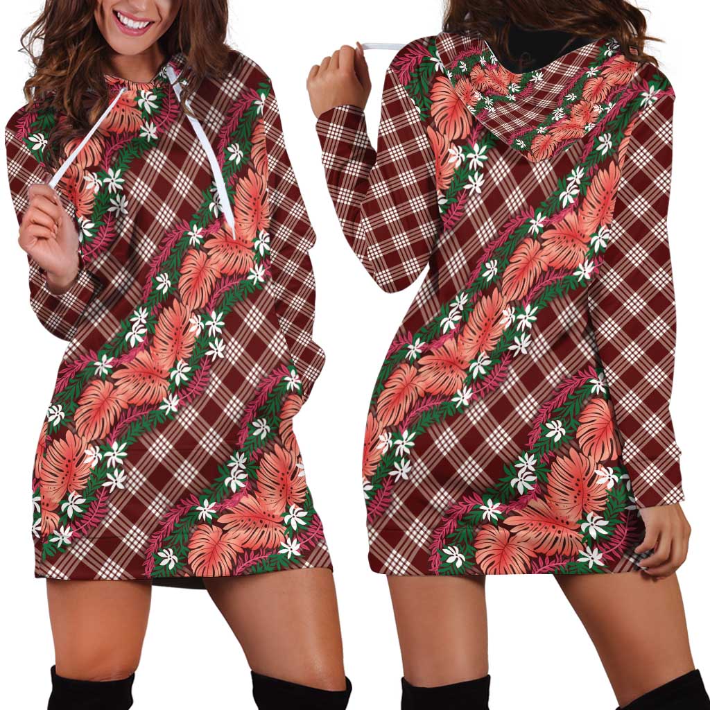 Polynesian Monstera Tiare Floral Hoodie Dress Burgundy Tropical Plaid - Polynesian Pride