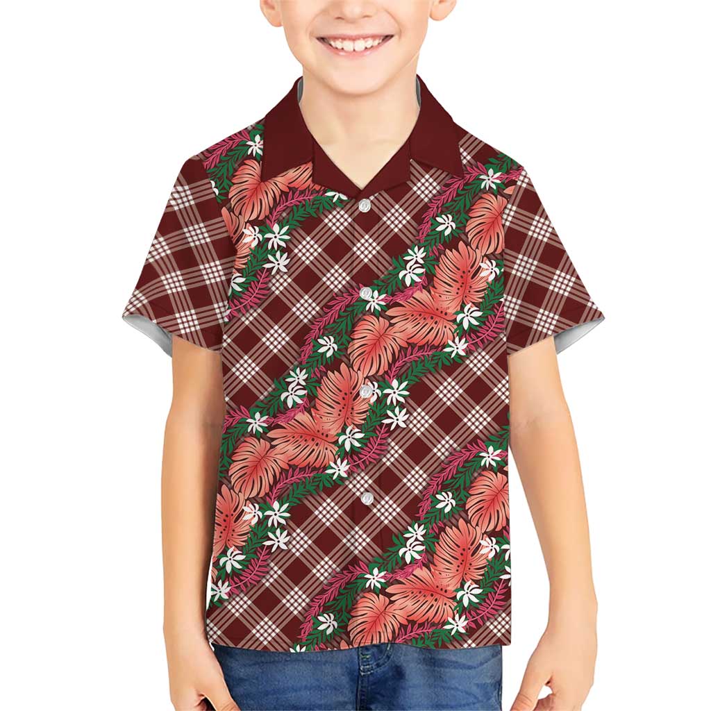 Polynesian Monstera Tiare Floral Kid Hawaiian Shirt Burgundy Tropical Plaid LT01 Kid Red - Polynesian Pride