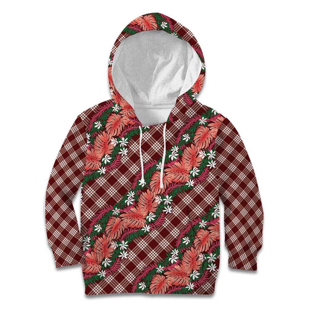 Polynesian Monstera Tiare Floral Kid Hoodie Burgundy Tropical Plaid LT01 Hoodie Red - Polynesian Pride