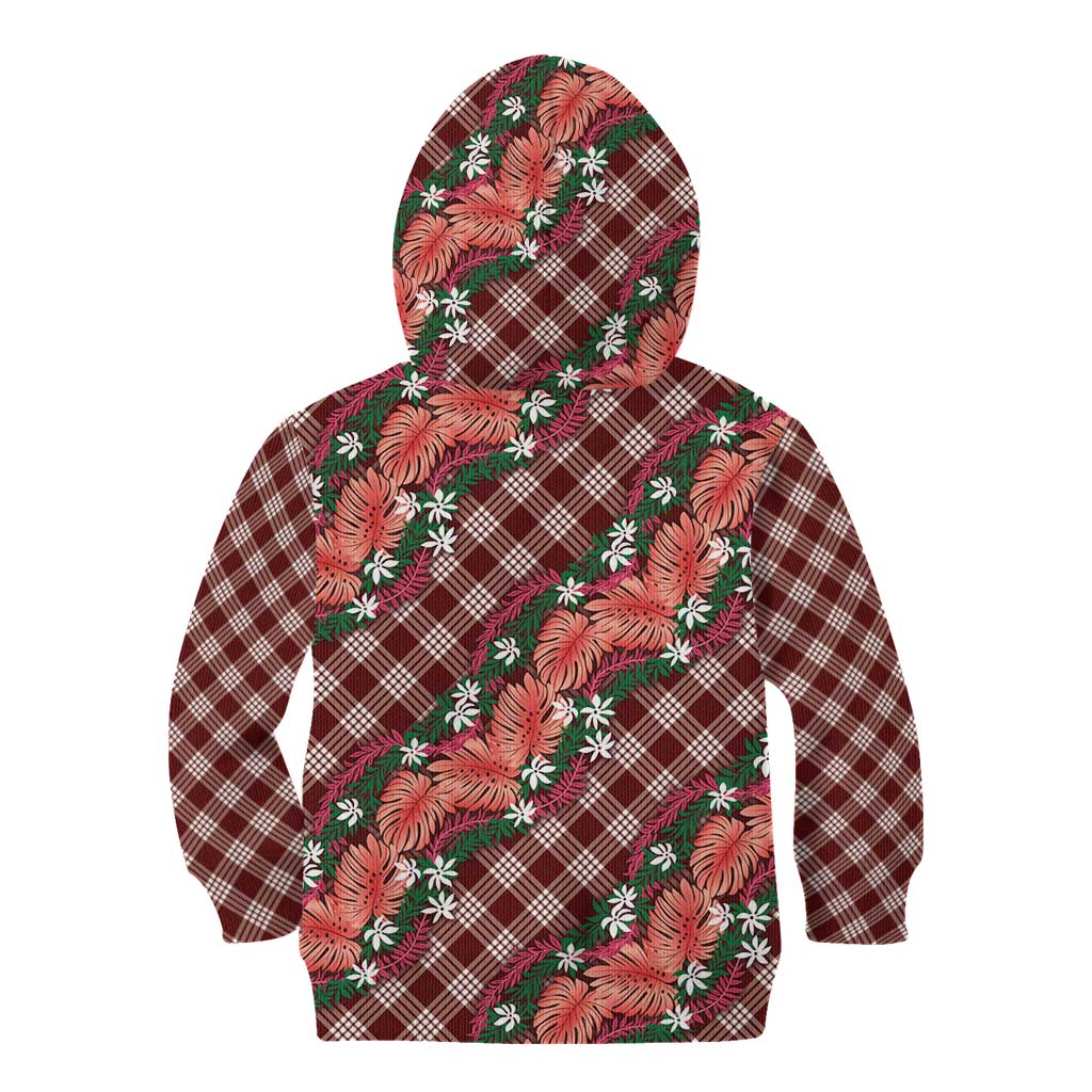 Polynesian Monstera Tiare Floral Kid Hoodie Burgundy Tropical Plaid - Polynesian Pride