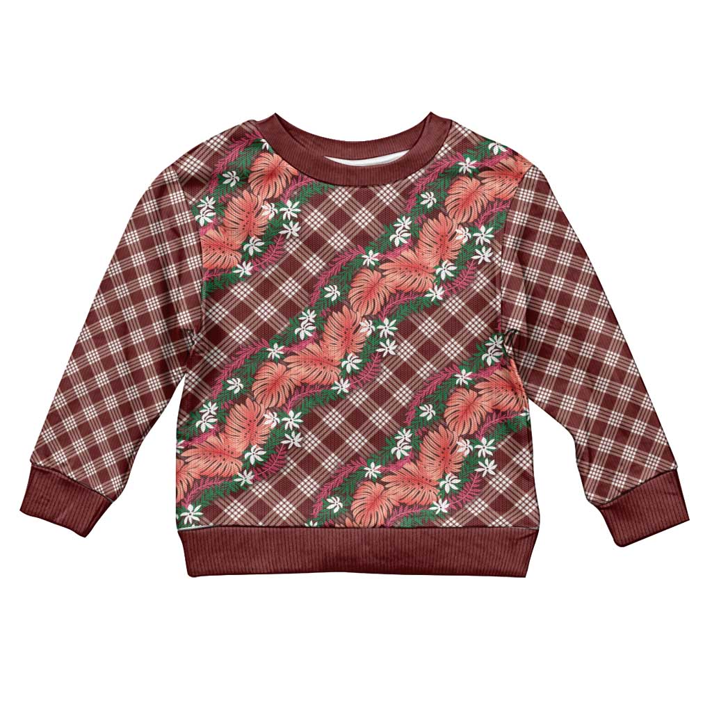 Polynesian Monstera Tiare Floral Kid Ugly Christmas Sweater Burgundy Tropical Plaid LT01 Kid Red - Polynesian Pride