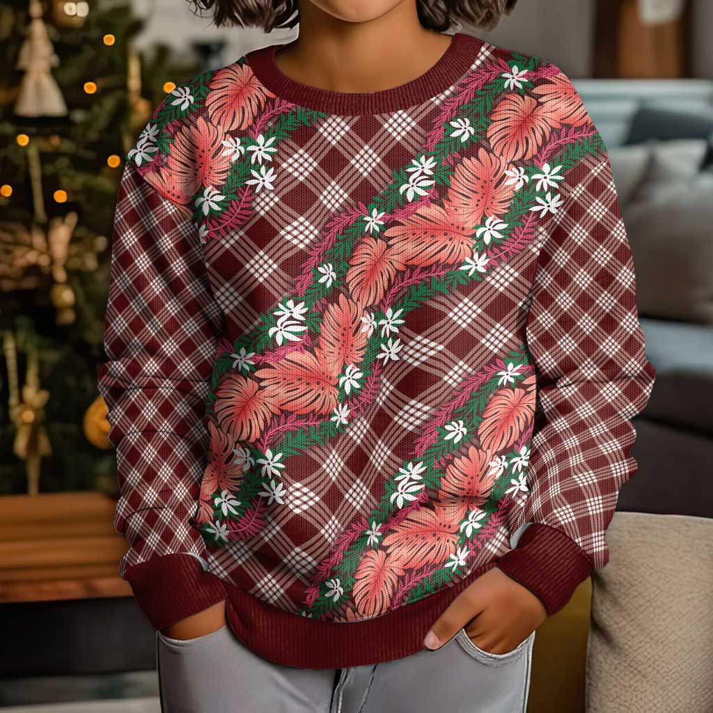 Polynesian Monstera Tiare Floral Kid Ugly Christmas Sweater Burgundy Tropical Plaid - Polynesian Pride