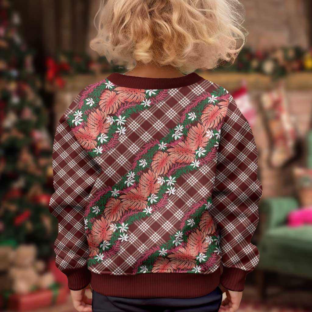 Polynesian Monstera Tiare Floral Kid Ugly Christmas Sweater Burgundy Tropical Plaid - Polynesian Pride