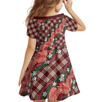 Polynesian Monstera Tiare Floral Kid Short Sleeve Dress Burgundy Tropical Plaid - Polynesian Pride