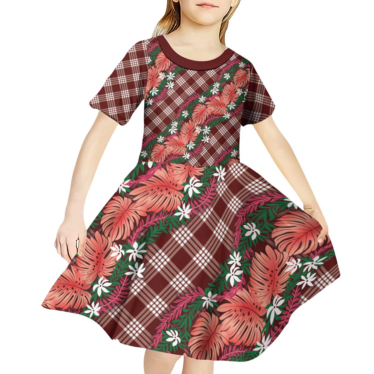 Polynesian Monstera Tiare Floral Kid Short Sleeve Dress Burgundy Tropical Plaid - Polynesian Pride
