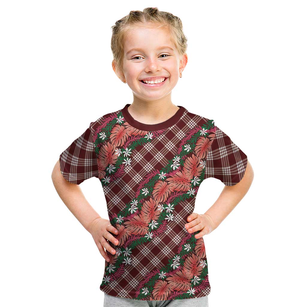 Polynesian Monstera Tiare Floral Kid T Shirt Burgundy Tropical Plaid LT01 Red - Polynesian Pride