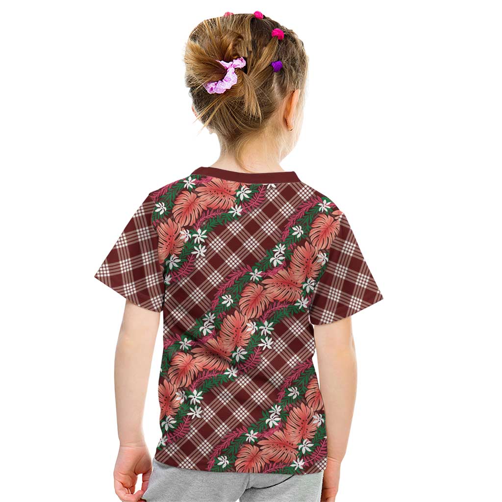 Polynesian Monstera Tiare Floral Kid T Shirt Burgundy Tropical Plaid - Polynesian Pride