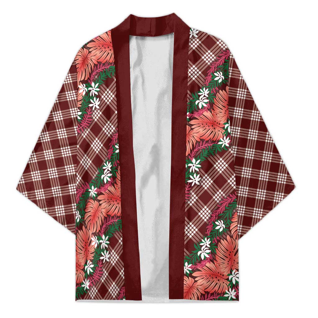 Polynesian Monstera Tiare Floral Kimono Burgundy Tropical Plaid - Polynesian Pride