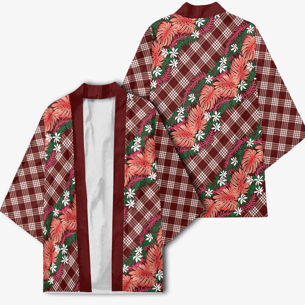 Polynesian Monstera Tiare Floral Kimono Burgundy Tropical Plaid - Polynesian Pride