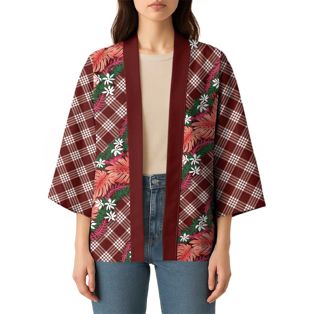 Polynesian Monstera Tiare Floral Kimono Burgundy Tropical Plaid - Polynesian Pride