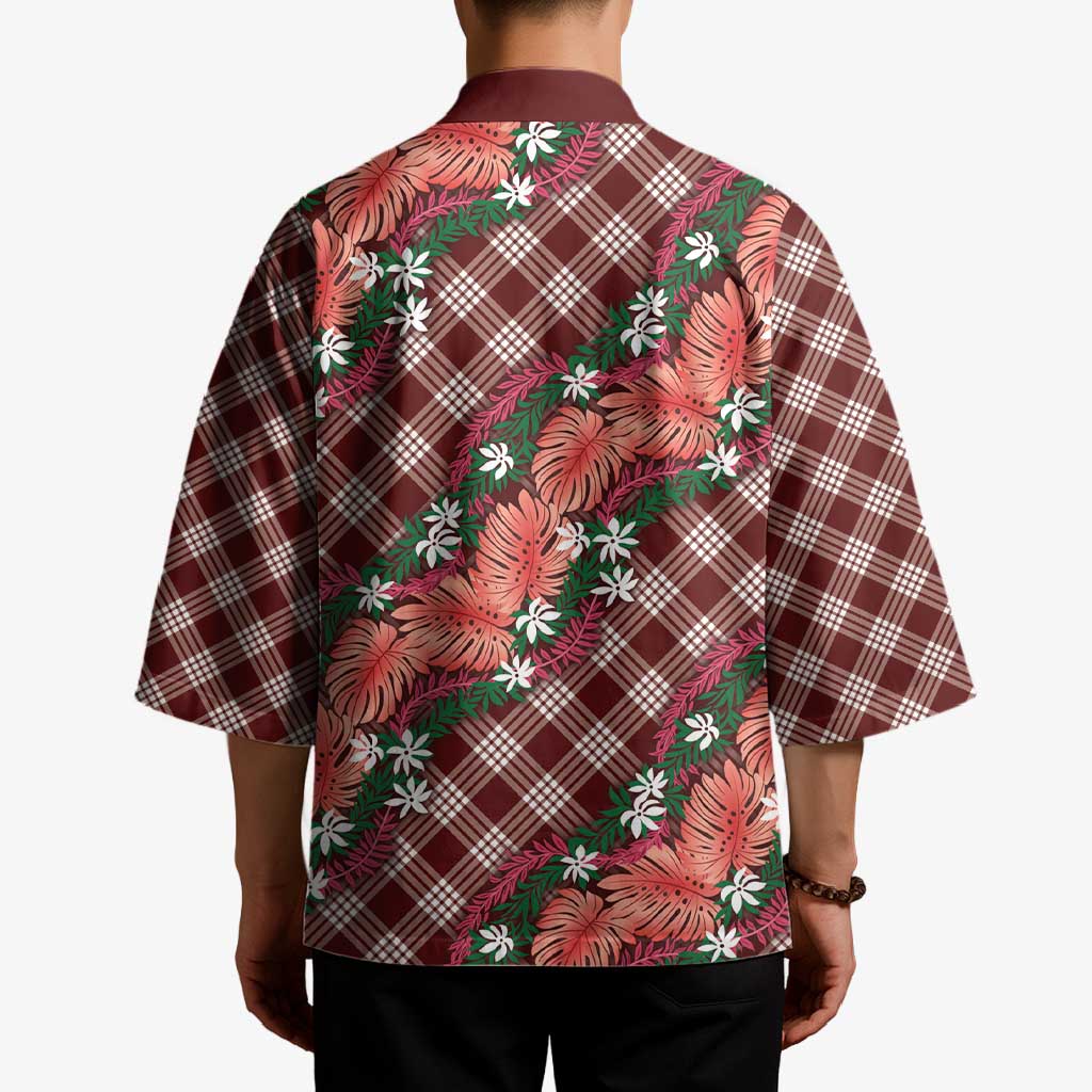 Polynesian Monstera Tiare Floral Kimono Burgundy Tropical Plaid - Polynesian Pride