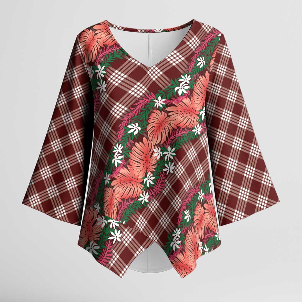 Polynesian Monstera Tiare Floral Kimono Sleeve Blouse Burgundy Tropical Plaid - Polynesian Pride