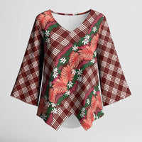 Polynesian Monstera Tiare Floral Kimono Sleeve Blouse Burgundy Tropical Plaid - Polynesian Pride