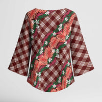 Polynesian Monstera Tiare Floral Kimono Sleeve Blouse Burgundy Tropical Plaid - Polynesian Pride