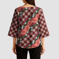 Polynesian Monstera Tiare Floral Kimono Sleeve Blouse Burgundy Tropical Plaid - Polynesian Pride