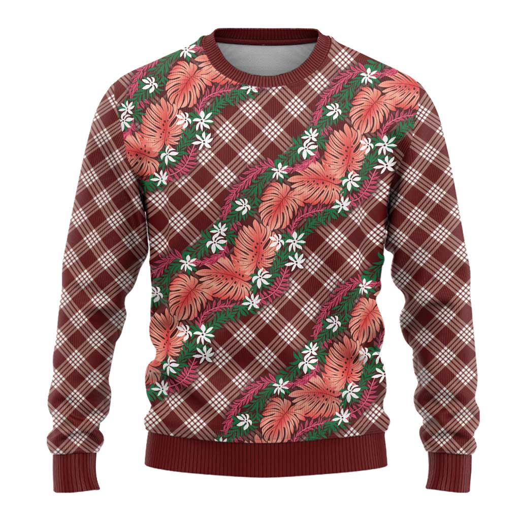 Polynesian Monstera Tiare Floral Ugly Christmas Sweater Burgundy Tropical Plaid - Polynesian Pride