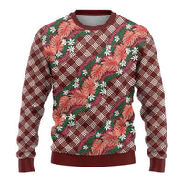 Polynesian Monstera Tiare Floral Ugly Christmas Sweater Burgundy Tropical Plaid - Polynesian Pride