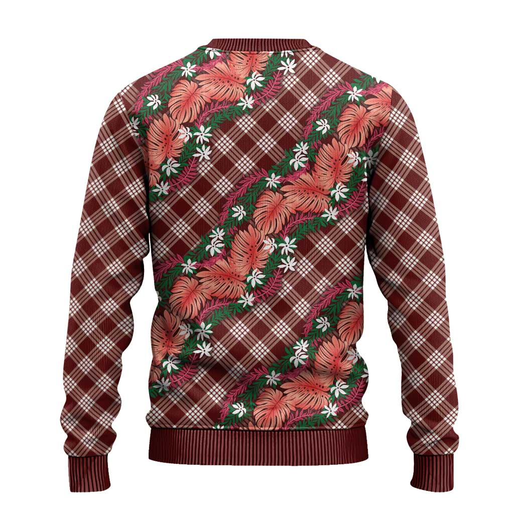Polynesian Monstera Tiare Floral Ugly Christmas Sweater Burgundy Tropical Plaid - Polynesian Pride