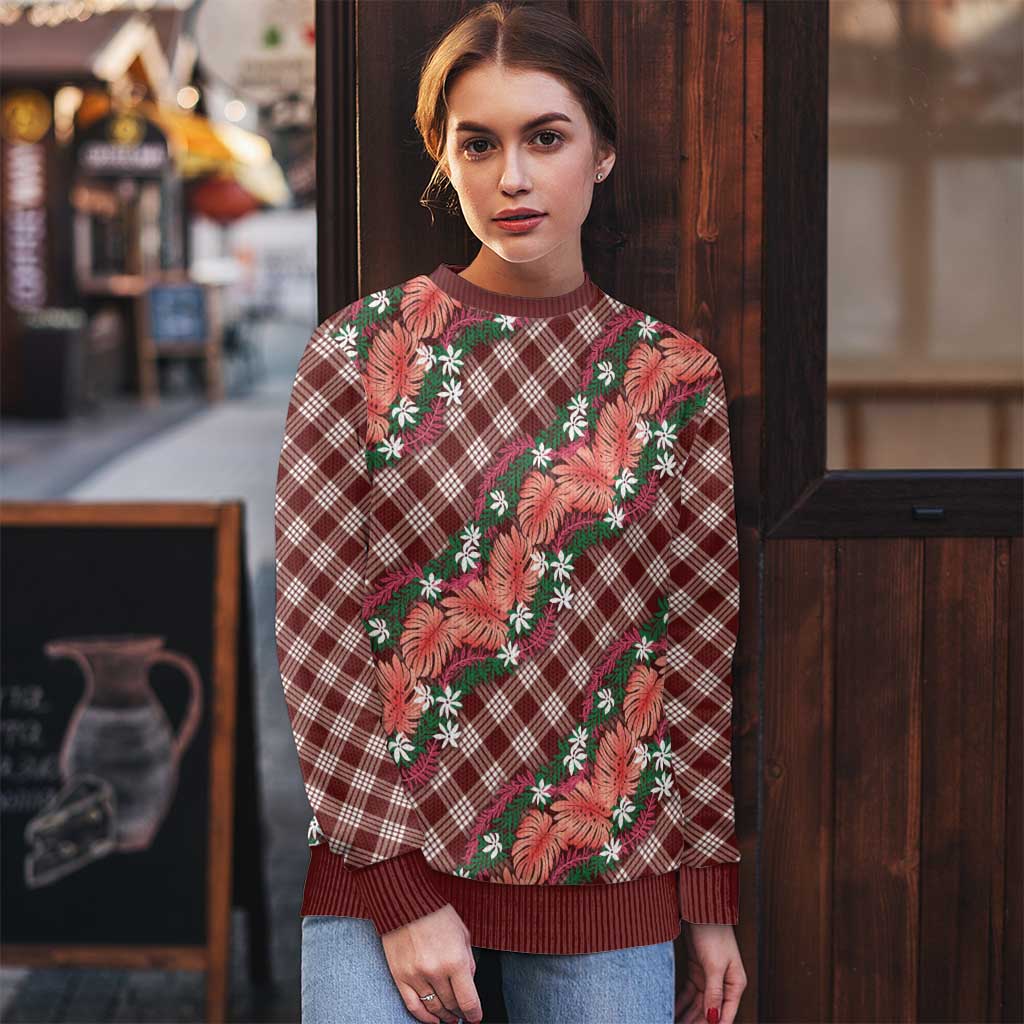 Polynesian Monstera Tiare Floral Ugly Christmas Sweater Burgundy Tropical Plaid - Polynesian Pride