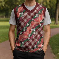 Polynesian Monstera Tiare Floral Christmas Knitted V-Neck Vest Burgundy Tropical Plaid - Polynesian Pride