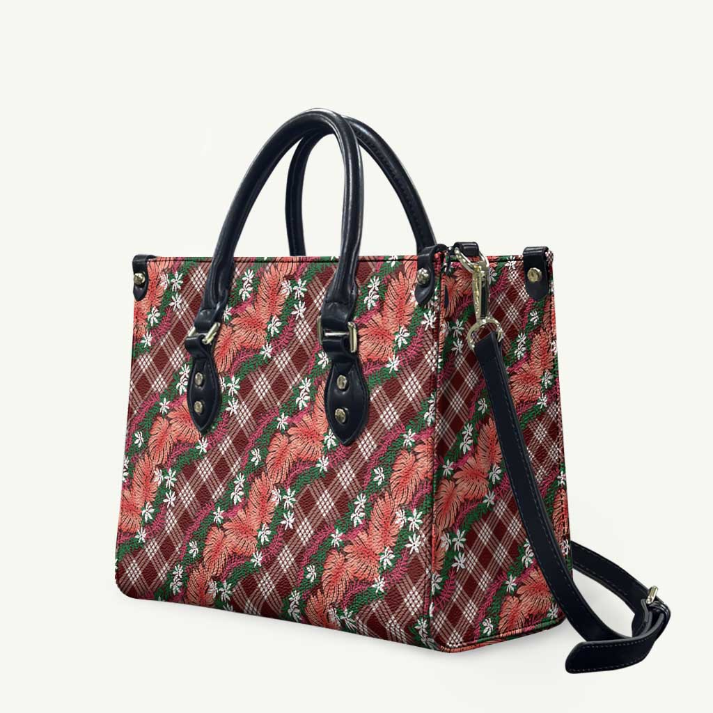 Polynesian Monstera Tiare Floral Leather Bag Burgundy Tropical Plaid LT01 Red - Polynesian Pride