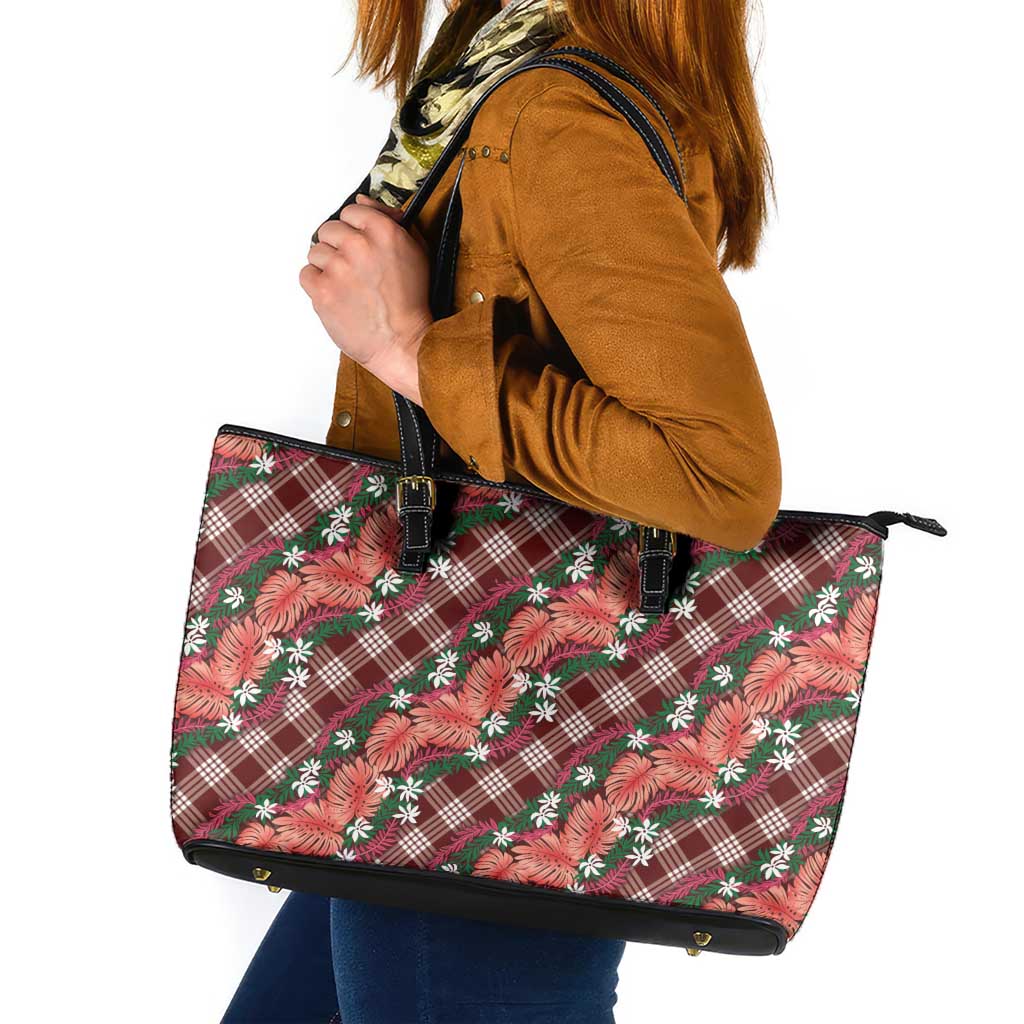 Polynesian Monstera Tiare Floral Leather Tote Bag Burgundy Tropical Plaid LT01 Red - Polynesian Pride