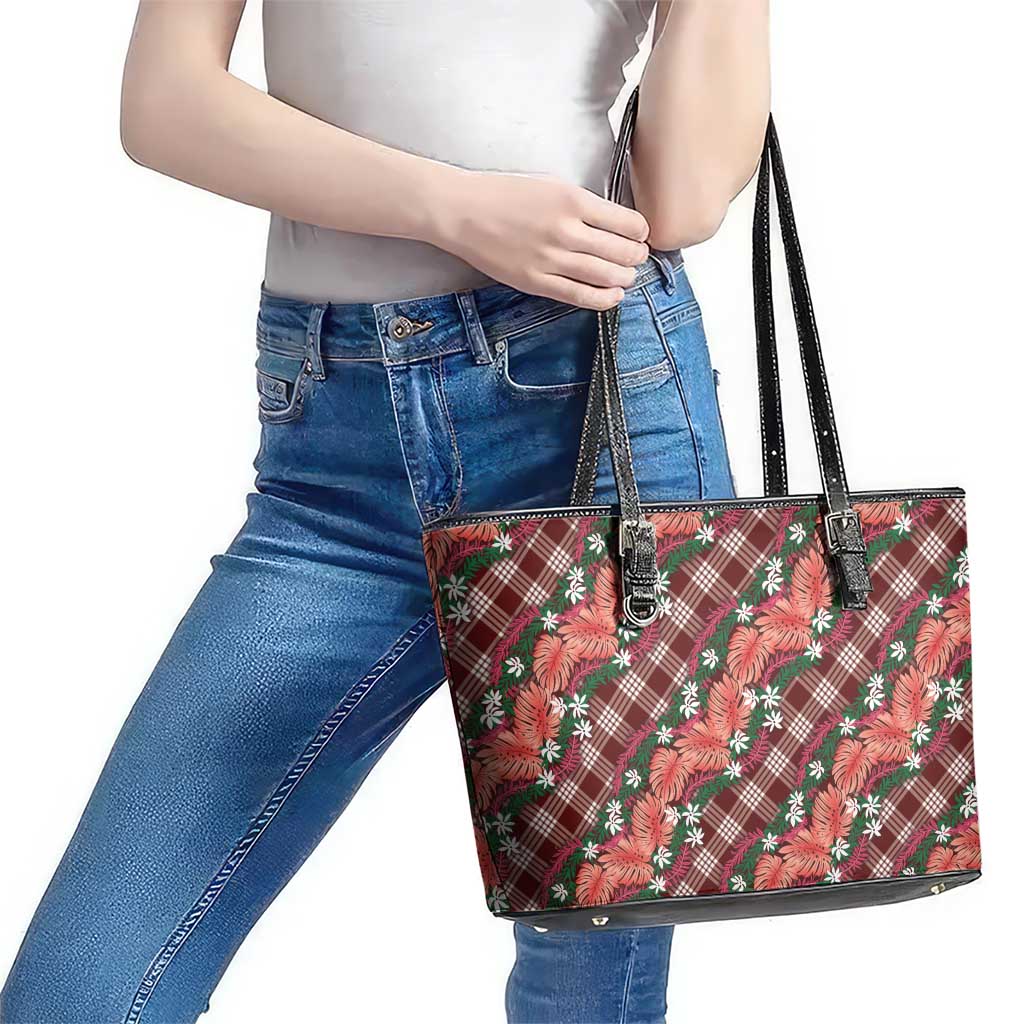 Polynesian Monstera Tiare Floral Leather Tote Bag Burgundy Tropical Plaid - Polynesian Pride