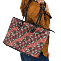 Polynesian Monstera Tiare Floral Leather Tote Bag Burgundy Tropical Plaid - Polynesian Pride