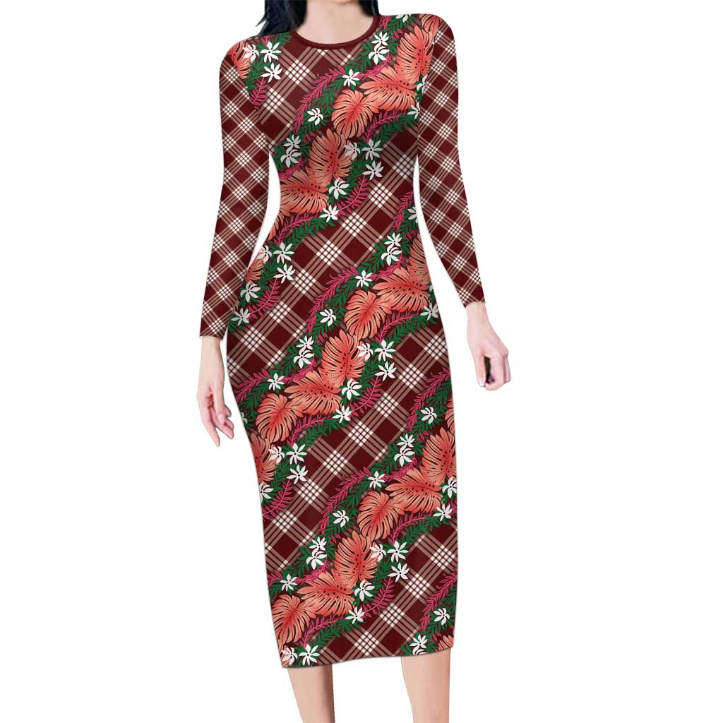 Polynesian Monstera Tiare Floral Long Sleeve Bodycon Dress Burgundy Tropical Plaid LT01 Long Dress Red - Polynesian Pride