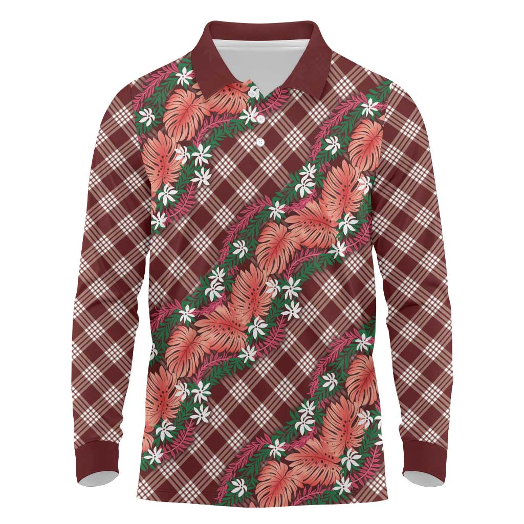 Polynesian Monstera Tiare Floral Long Sleeve Polo Shirt Burgundy Tropical Plaid - Polynesian Pride