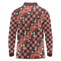 Polynesian Monstera Tiare Floral Long Sleeve Polo Shirt Burgundy Tropical Plaid - Polynesian Pride
