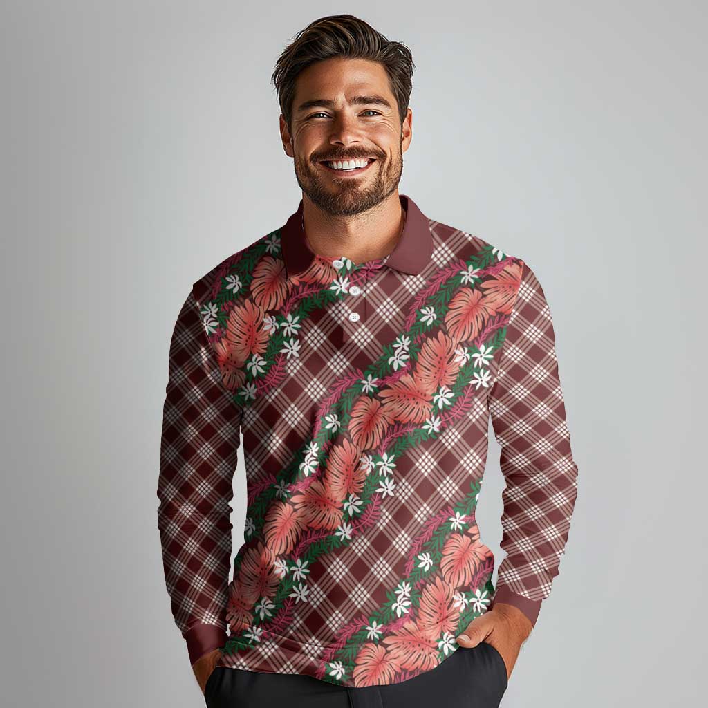 Polynesian Monstera Tiare Floral Long Sleeve Polo Shirt Burgundy Tropical Plaid - Polynesian Pride