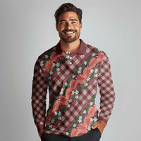 Polynesian Monstera Tiare Floral Long Sleeve Polo Shirt Burgundy Tropical Plaid - Polynesian Pride