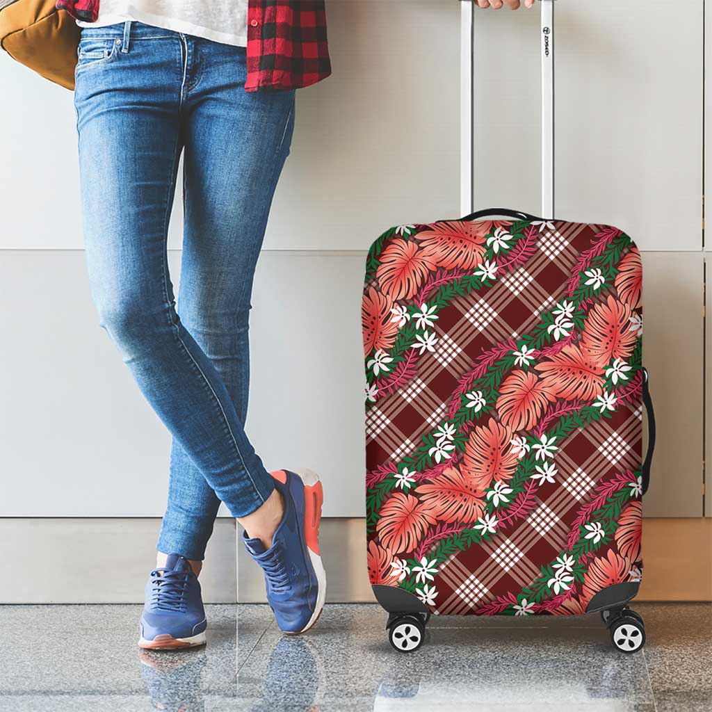 Polynesian Monstera Tiare Floral Luggage Cover Burgundy Tropical Plaid - Polynesian Pride