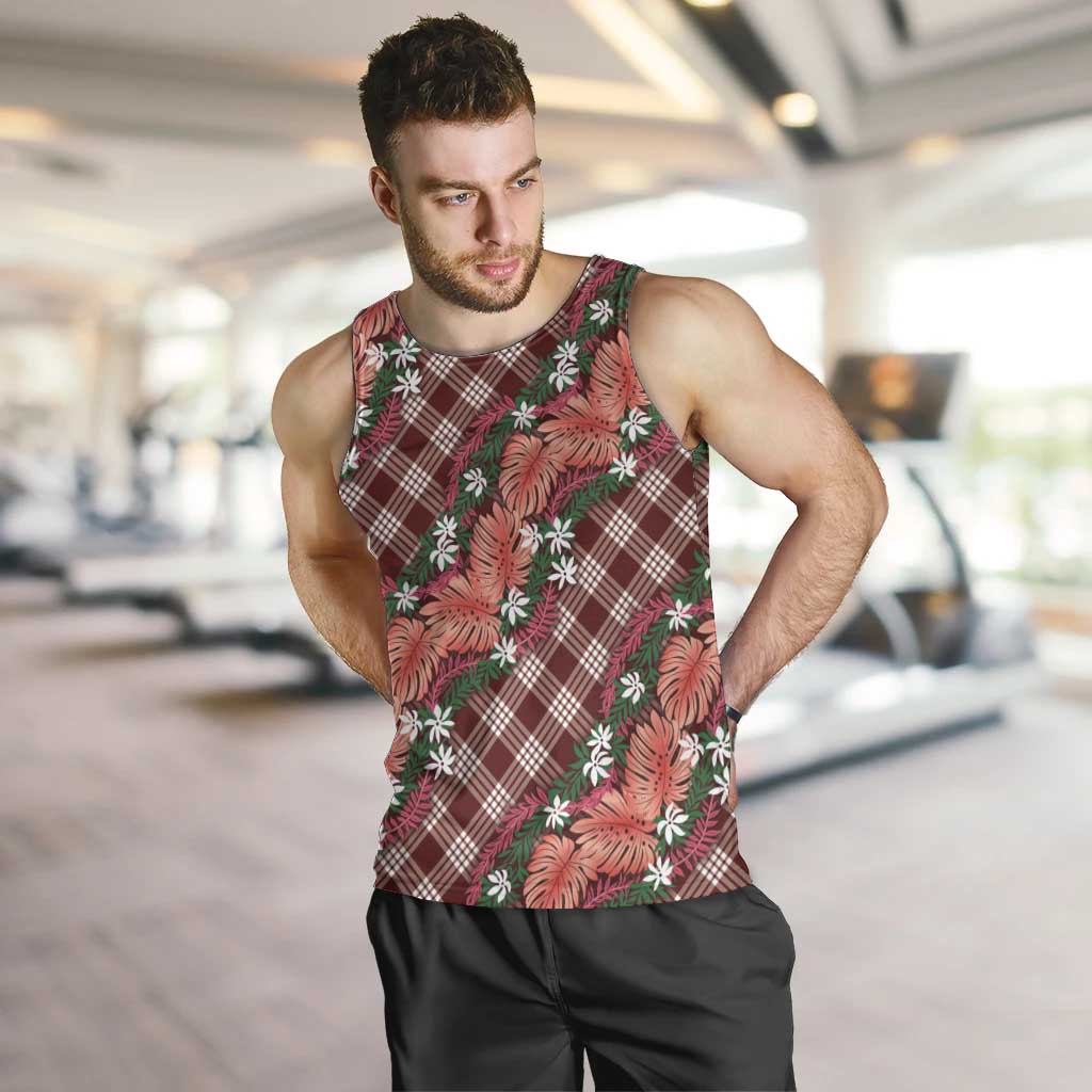 Polynesian Monstera Tiare Floral Men Tank Top Burgundy Tropical Plaid - Polynesian Pride