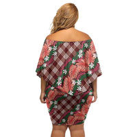 Polynesian Monstera Tiare Floral Off Shoulder Short Dress Burgundy Tropical Plaid - Polynesian Pride
