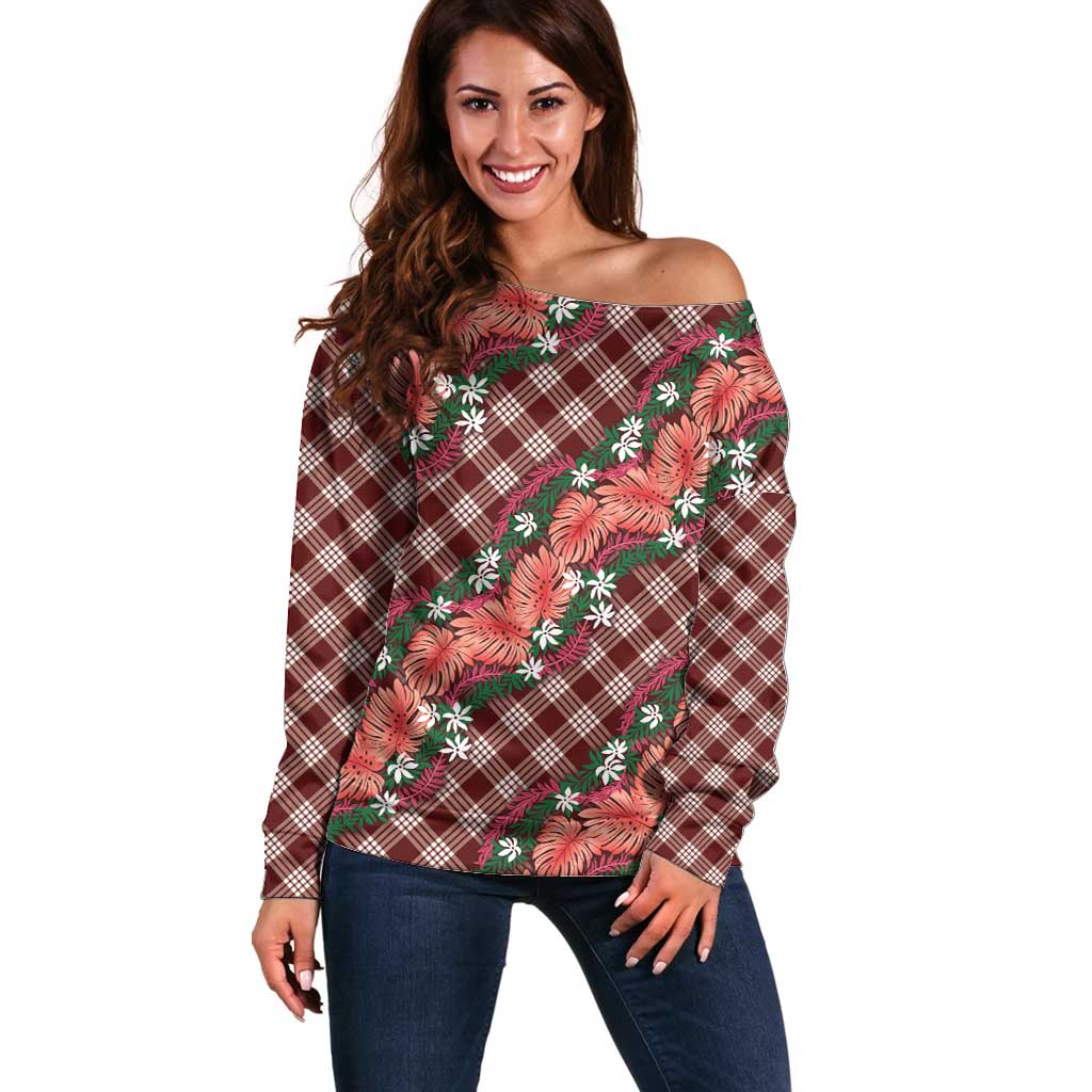 Polynesian Monstera Tiare Floral Off Shoulder Sweater Burgundy Tropical Plaid LT01 Women Red - Polynesian Pride