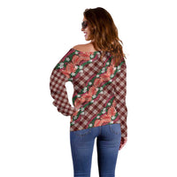 Polynesian Monstera Tiare Floral Off Shoulder Sweater Burgundy Tropical Plaid - Polynesian Pride