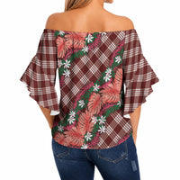 Polynesian Monstera Tiare Floral Off Shoulder Wrap Waist Top Burgundy Tropical Plaid LT01 - Polynesian Pride