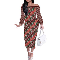 Polynesian Monstera Tiare Floral Off The Shoulder Long Sleeve Dress Burgundy Tropical Plaid - Polynesian Pride