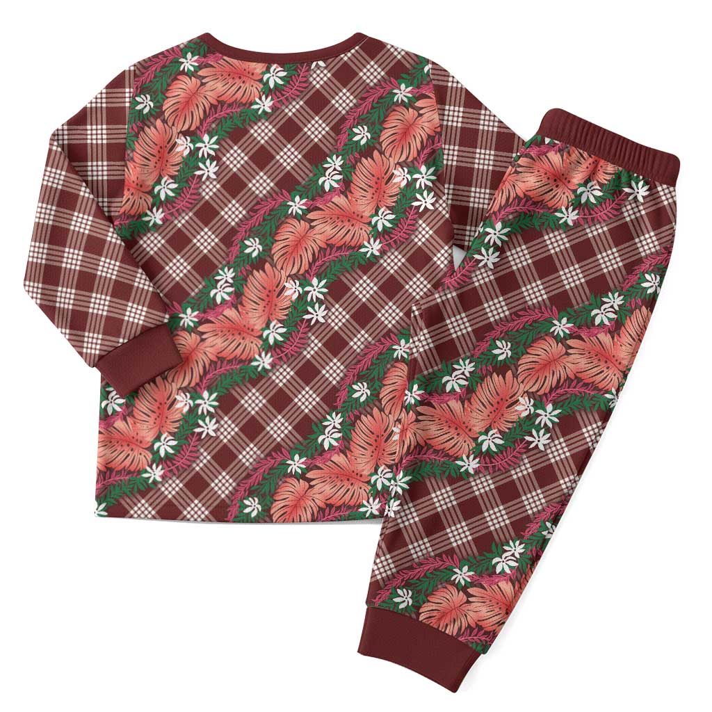Polynesian Monstera Tiare Floral Christmas Pajama Set Burgundy Tropical Plaid - Polynesian Pride