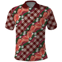 Polynesian Monstera Tiare Floral Polo Shirt Burgundy Tropical Plaid - Polynesian Pride