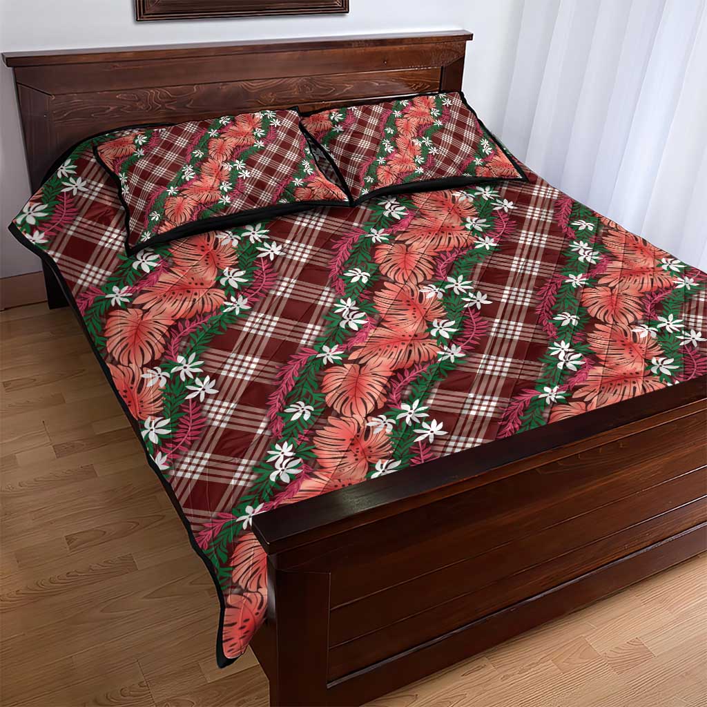 Polynesian Monstera Tiare Floral Quilt Bed Set Burgundy Tropical Plaid - Polynesian Pride