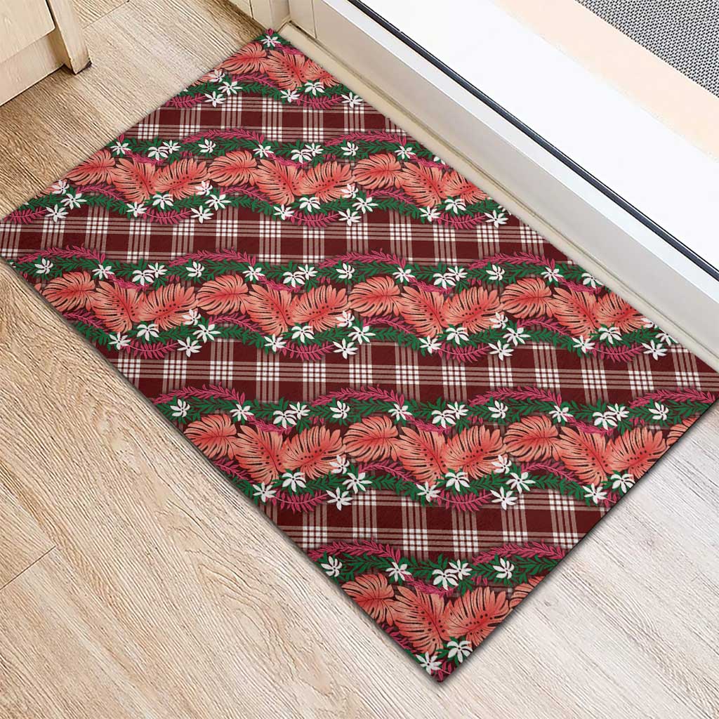 Polynesian Monstera Tiare Floral Rubber Doormat Burgundy Tropical Plaid - Polynesian Pride