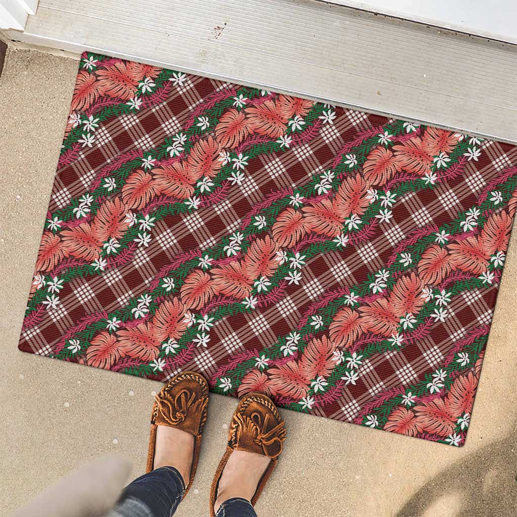 Polynesian Monstera Tiare Floral Rubber Doormat Burgundy Tropical Plaid - Polynesian Pride