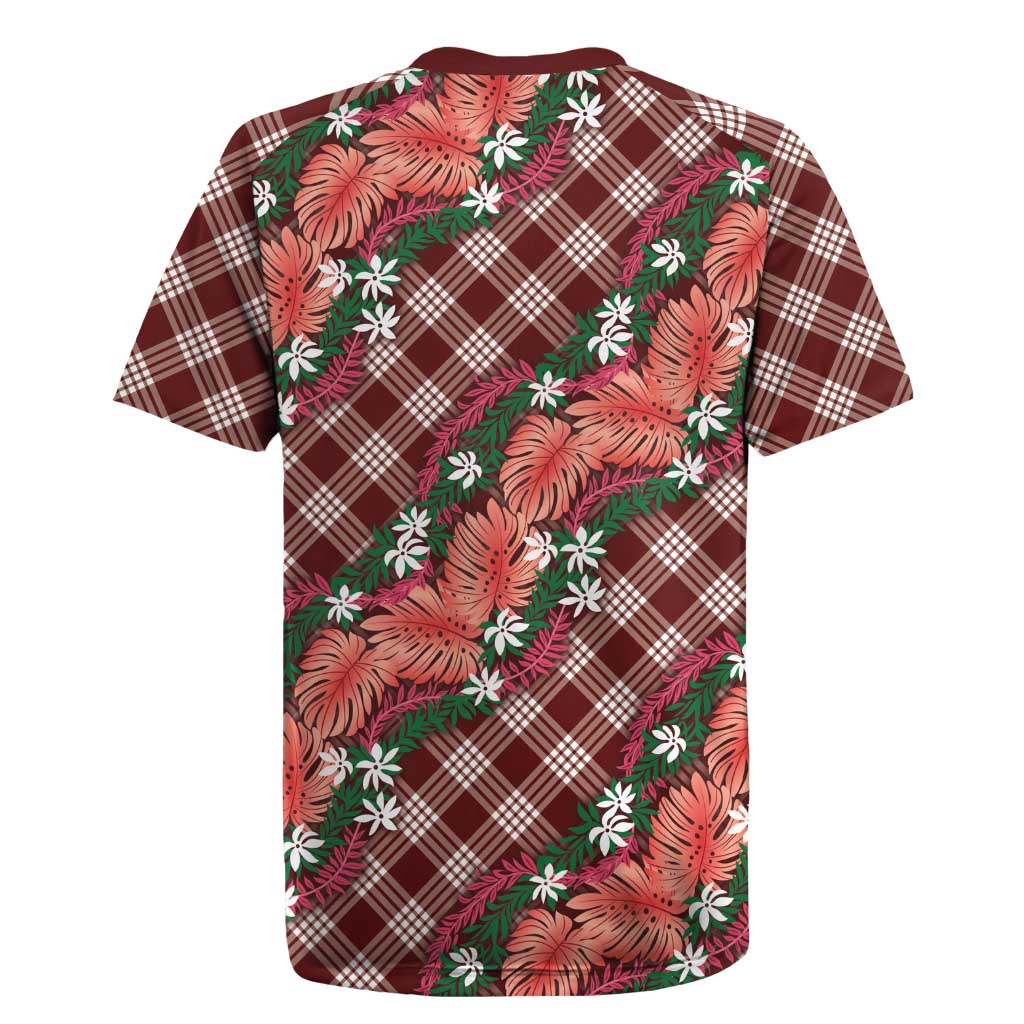 Polynesian Monstera Tiare Floral Rugby Jersey Burgundy Tropical Plaid - Polynesian Pride