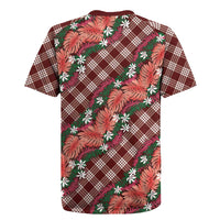 Polynesian Monstera Tiare Floral Rugby Jersey Burgundy Tropical Plaid - Polynesian Pride